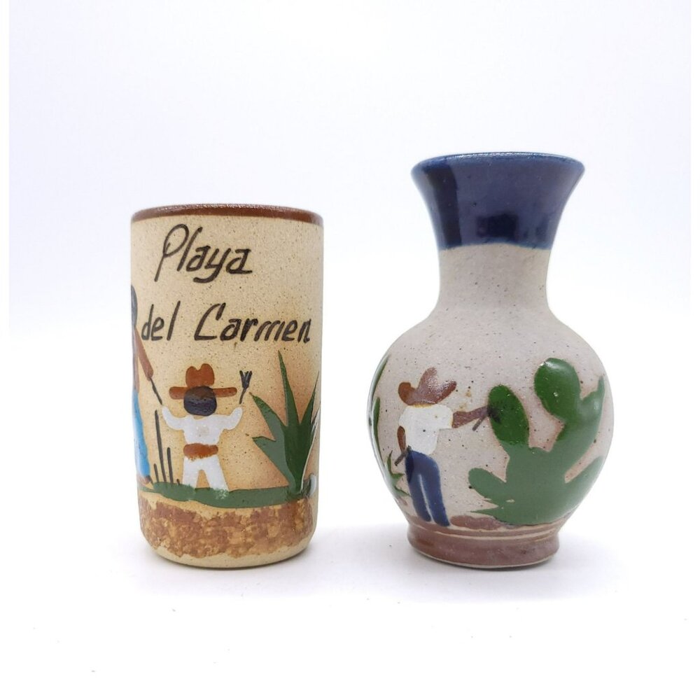 Mexican Tonala Pottery Vases 2 Hand-Painted Playa del Carmen Signed Vintage